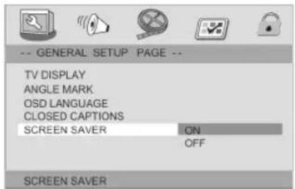 -- GENERAL SETUP PAGE -- TV DISPLAY ANGLE MARK OSD LANGUAGE CLOSED CAPTIONS SCREEN SAVER ON OFF SCREEN SAVER