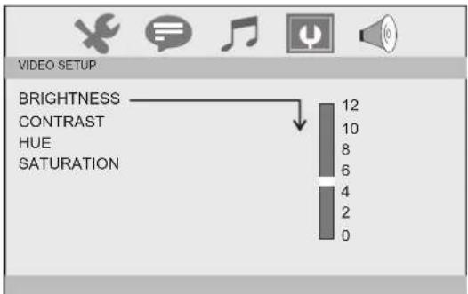 VIDEO SETUP BRIGHTNESS CONTRAST HUE SATURATION 12 10 8 6 4 2 0