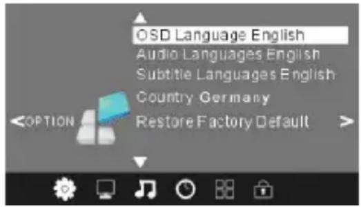 OSD Language English Audio Languages English Subtitle Languages English Country Germany Restore Factory Default
