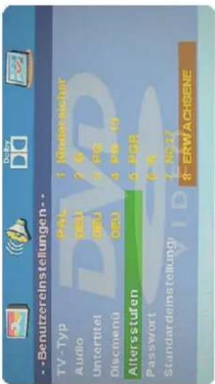 Benutzereinstellungen TV -Typ PAL 1 Unterrat sicher Audio DEU 2 6 Untertitel DEU 3 PG Discmenü DEU 4 PG IN Altersstufen 5 PGB Password 6 8 Standardeinstellung 7 NCUT 8- ERWACHSENE