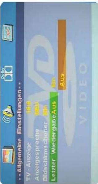--Allgemeine Einstellungen-- TV - Anzeige 16.9 Anzeigesprache Euro Bildschirmischener Ein Letzter Wiedergabe Aus Ein Aus VIDEO