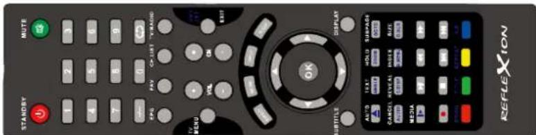 STANDBY MUTE 1 2 3 4 5 6 7 8 9 EPS PAY CP LIST TV/RADIO TV MENU VOL CM SUBTITLE DISPLAY AUTO TEXT HOLD SUBPAGE CANCE REVEAL INDEX BLUE AUTO CONTROL ACCESS MEDIA REFLEXION