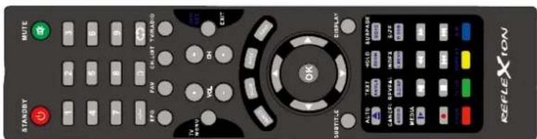 STANDBY MUTE 1 2 3 4 5 6 7 8 9 EPO FAY CHLIGHT TV/RADIO TV MENU VOL OH EXIT SUBTITLE DISPLAY ALTO TEXT HOLD SURPAGE CANCE REFVAL INFO X S/F MEDIA MEDIA REFLEXION