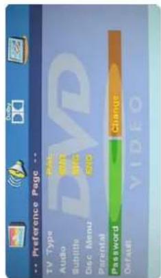Preference Page -- TV Type Audio Subtitle Disc Menu Parental Password Default Change VIDEO