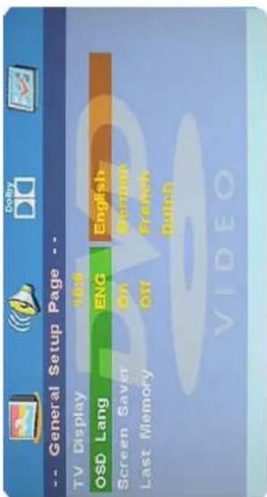 -- General Setup Page -- TV Display OSD Lang Screen Saver Last Memory 100 ENG English On Off Screen French Batch
