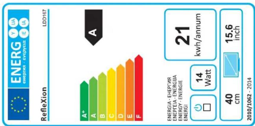 ENERG Y IJA ENERGIA - EVERGEIA IE IA Reflexion LDD167 A+ A B C D E F A ENERGIA - ENERGIA ENERGEIA - ENERGUA ENERGY - ENERGIE ENERGI 14 Watt 21 kwh/annum 40 cm 15.6 inch 2010/1062 - 2014