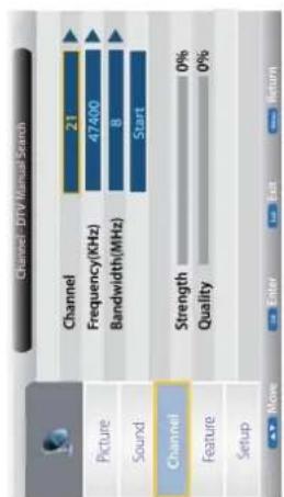 Channel - DTV Manual Search Picture Sound Channel Feature Setup Channel Frequency(KHz) 47400 Bandwidth(MHz) 8 Start Strength 0% Quality 0% Move Enter Exit Return