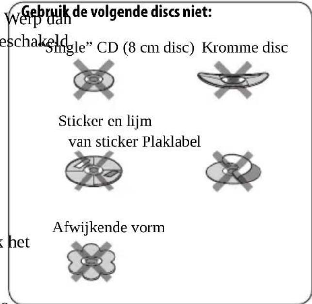 Gebruik de volgende discs niet: Werp dan eschakeld "Single" CD (8 cm disc) Kromme disc Sticker en lijm van sticker Plaklabel Afwijkende vorm het