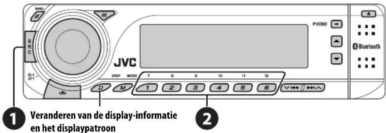 SAND 6 SE SRC V/I ATT JVC DISP MODE 7 8 9 10 11 12 PHONE Bluetooth 1 2 3 4 5 6 Veranderen van de display-informatie en het displaypatroon 2