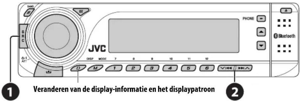 JVC SPSP MODE 7 8 9 10 11 12 PHONE Bluetooth Veranderen van de display-informatie en het displaypatroon 1 2