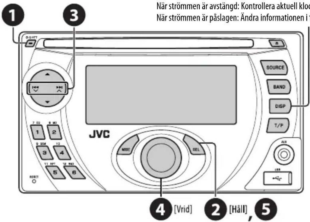 När strömmen är avstängd: Kontrollera aktuell klock När strömmen är påslagen: Ändra informationen i t SOURCE BAND DISP T/P JVC MODE SEL 4 [Vrid] 2 [Håll] 5