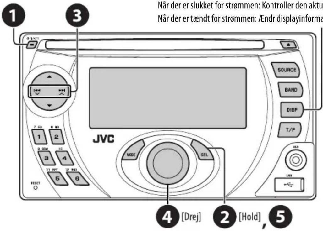 Når der er slukket for strømmen: Kontroller den aktuo Når der er tændt for strømmen: /Endr displayinforma SOURCE BAND DISP T/P JVC MODE SEL 4 [Drej] 2 [Hold], 5