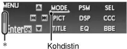 MENU MODE PSM SEL PICT DSP CCC TITLE EQ BBE * Kohdistin