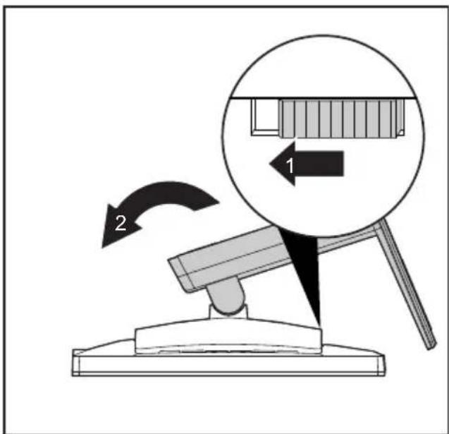 Diagram illustrating a mechanical device with labeled components and directional arrows, including a magnified inset showing a component with '1' and '2' labels.