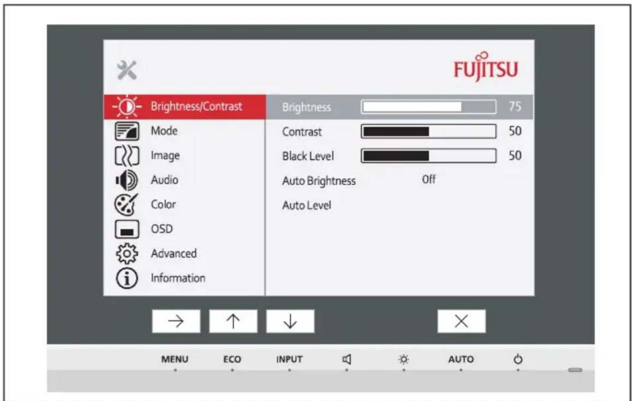 FUFJITSU Brightness/Contrast Brightness 75 Mode Contrast 50 Image Black Level 50 Audio Auto Brightness Off Color Auto Level OSD Advanced Information → ↑ ↓ × MENU ECO INPUT AUTO