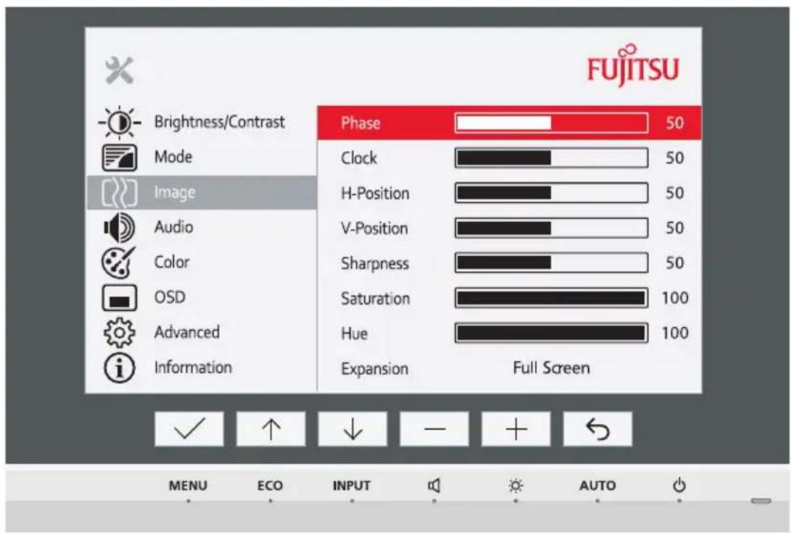 FUFITSU Brightness/Contrast Mode Image Audio Color OSD Advanced Information Phase 50 Clock 50 H-Position 50 V-Position 50 Sharpness 50 Saturation 100 Hue 100 Expansion Full Screen MENU ECO INPUT AUTO