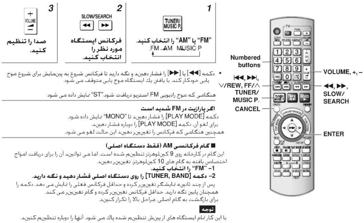 3 + VOLUME - 2 SLOW/SEARCH ◀◀ ▶▶ فرکانس ایستگاه مورد نظر را انتحاب کنید. TUNER/ MUSIC P. 1 دکمه [ ] ۱ا [▶▶] را فشنار دهین د و نگه دارید تا فرکانس شروع به بین مایش برای شروع موج بایس خودکار کند. با يافتن بک ایستگاه موج يابس منوفق می شود. هنگامی که موج رادوبیی FM استربو دریافت شود. "ST" مایش داده می شود. åگر پارازیت در FM شديد است FM دکمه [ ] PLAY MODE [مایش داده شود. برا لغو آن. دکمه [PLAY MODE] همجین هنگامی که فرکانس را تغین بین ردهین د این حالت لغو می شود. کام فرکانسی AM (فقط دستگاه اصلی) این گام در کارخانه روی 9 کین لوهترز تنظین م شده است. اما می توانید آن را برای دریافت امWOAJ -acctcapsا یافته به گام های 10 کین لوهترز. تغین بین ردهین د. “FM” -1 دکمه [ ] TUNER, BAND [ر ا روي دستگاه اصلی فشنار دهید و نگه دارید. بس آز جند ثانینه ماپشگر تغین بین کردده و حدافل فرکانس فعلی را ثابش می دهد. دکمه را همجان بایین نگه دارید. حدافل فرکانس نغین بین کردده و گام تغین بین می کند. براي بازگشutt به گام اصلی. مراحل بالا را تکارکنید. توجه با این کارعام ایستگاه های از بین ش نطین م شده پاك می شود. آنها را دوباره تنطین م کنید. Numbered buttons ◀◀, ▶▶, ∨/REW, FF/^ TUNER/ MUSIC P. CANCEL VOLUME, +,- VOLUME, + VOLUME - OPEN ENTER VOLUME, +,- ◀◀, ▶▶, SLOW/ SEARCH CANCEL AVERAGE R/W R/W R/W R/W R/W R/W R/W R/W R/W R/W R/W R/W R/W R/W R/W R/W R/W R/W R/W R/W R/W R/W R/W R/W R/W R/W R/W