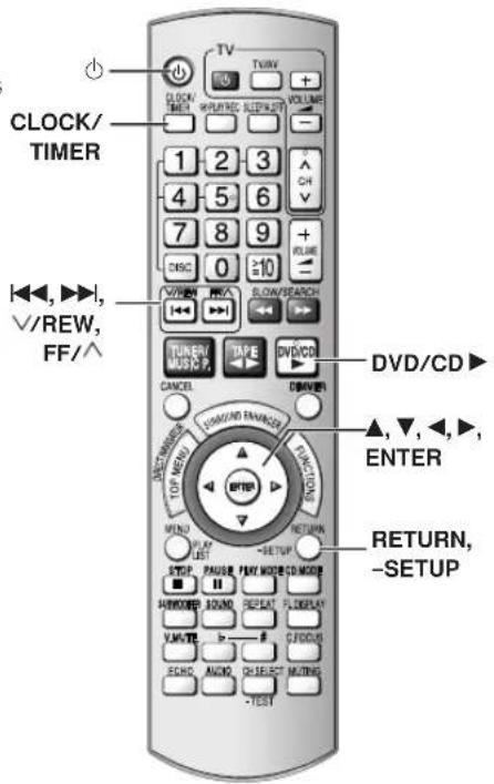 CLOCK/ TIMER V/REW, FF/^ TV + VOLUME 1 2 3 4 5 6 7 8 9 DISC 0 ≥10 V/WRN SLOW/SEARCH TUNEN MUSIC P. TAPE DVD/CD CANCEL CLOUD/RAMER CLOUD/RAMER CLOUD/RAMER CLOUD/RAMER CLOUD/RAMER CLOUD/RAMER CLOUD/RAMER CLOUD/RAMER CLOUD/RAMER CLOUD/RAMER CLOUD/RAMER CLOUD/RAMER CLOUD/RAMER CLOUD/RAMER CLOUD/RAMER CLOUD/RAMER CLOUD/RAMER CLOUD/DVD DINVER Δ,▼,◄,►, ENTER RETURN, -SETUP COLD/PAUSER/FUY MODE/CD MODE AUDIO/RP SOUND REPEAT FLD/LAY V/V/WTE B# C/C/DUS ECHO AUDIO Q# SELECT MUTING -TEST