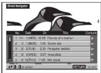 Direct Navigator No. Data Cn Title Contents 1 11/ 1(WED) 12.05 Friends of a feather 2 1/ 1(MON) 1:05 Sunny day 3 2/ 2(TUE) 2.21 Penguin habitat 4 3/ 3(WED) 3:37 Ires side 5 4/ 10(THU) 11:05 Hot sides ▲ 0 - 3 to select RETURN to exit