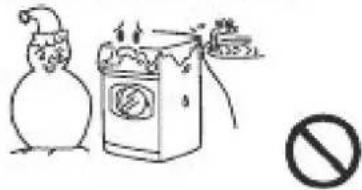 Hand-drawn cartoon showing a person in a Christmas hat next to a washing machine with a 'No' symbol, indicating no clothing or food.