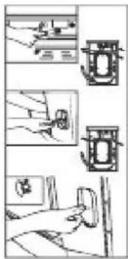 Technical diagram showing three-step installation of a wall-mounted electrical switch, with hand positioning and component assembly.