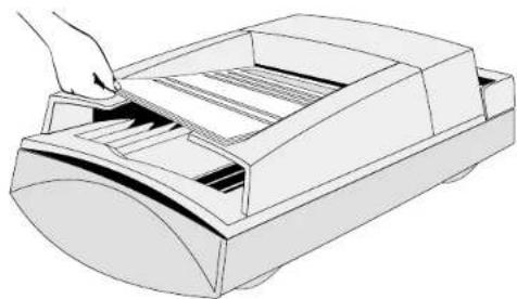 Line drawing of a hand inserting a slot into a paper filter device (no text or symbols)