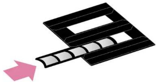 Illustration of a black plastic tray with a white slot and a pink arrow pointing to it (no text or symbols).