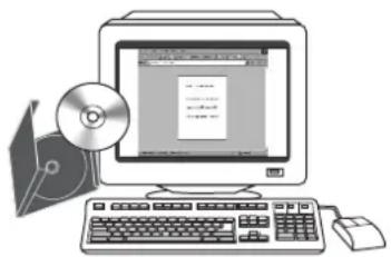 Illustration of a desktop computer with monitor, keyboard, mouse, and CD/DVD (no text or symbols)