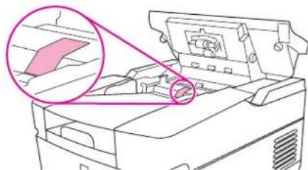 Technical line drawing of a printer or printer with an inset showing a magnified view of the printer's internal structure (no text or symbols present)