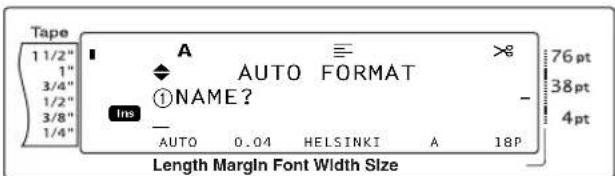 Tape 1 1/2" 1" 3/4" 1/2" 3/8" 1/4" A AUTO FORMAT ①NAME? Ins AUTO 0.04 HELSINKI A 18P 76pt 38pt 4pt Length Margin Font Width Size