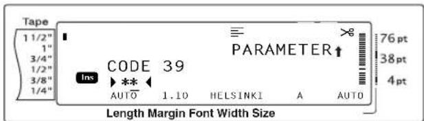 Tape 1 1/2" 1" 3/4" 1/2" 3/8" 1/4" CODE 39 INS AUTO 1.10 HELSINKI A PARAMETER↑ 76pt 38pt 4pt Length Margin Font Width Size