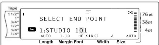 Tape 11/2" 1" 3/4" 1/2" 3/8" 1/4" SELECT END POINT ins 1:STUDIO 101 AUTO 1.10 HELSINKI A AUTO Length Margin Font Width Size 76 pt 38 pt 4 pt