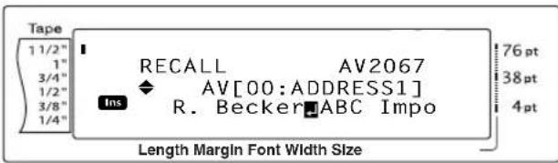 Tape 1 1/2" 1" 3/4" 1/2" 3/8" 1/4" RECALL AV2067 AV[00:ADDRESS1] R. Becker ABC Impo Ins 76 pt 38 pt 4 pt Length Margin Font Width Size