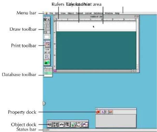 Rulers Layout print area Menu bar Draw toolbar Print toolbar Database toolbar Property dock Object dock Status bar