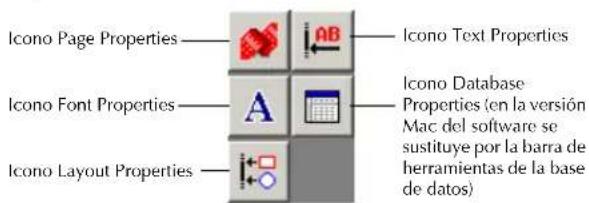 Icono Page Properties Icono Text Properties Icono Font Properties Icono Database Properties (en la versión Mac del software se sustituye por la barra de herramientas de la base de datos)