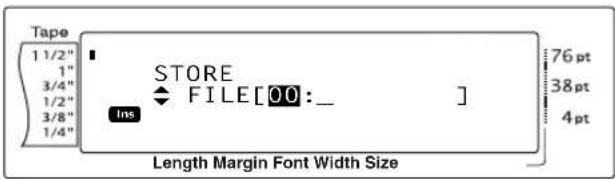 Tape 1 1/2" 1" 3/4" 1/2" 3/8" 1/4" STORE FILE[00:_ Ins 76 pt 38 pt 4 pt Length Margin Font Width Size