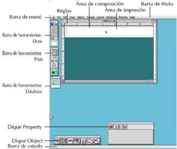 Barra de menú Reglas Área de composición Área de impresión Barra de título Barra de herramientas Draw Barra de herramientas Print Barra de herramientas Database Dique Property Dique Object Barra de estado