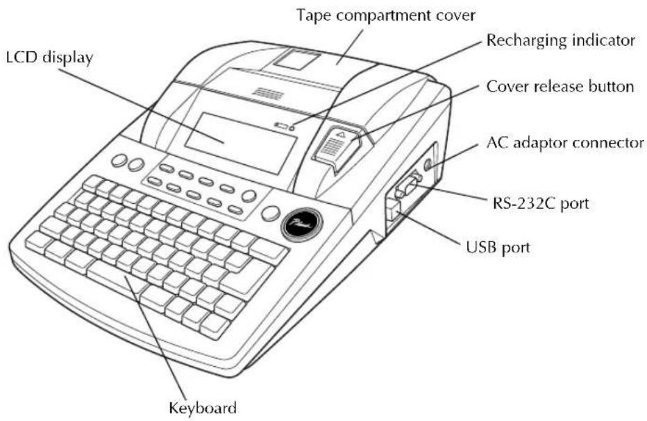 LCD display Tape compartment cover Recharging indicator Cover release button AC adaptor connector RS-232C port USB port Keyboard