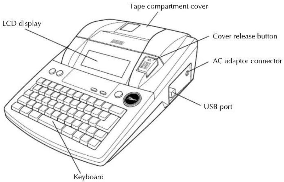 LCD display Tape compartment cover Cover release button AC adaptor connector USB port Keyboard