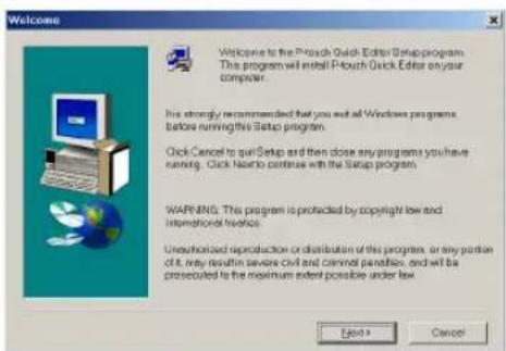 Welcome Welcome to the P-touch Quick Editor Setup program. This program will install P-touch Quick Editor on your computer. This strongly recommended that you exit all Windows programs before running this Setup program. Click Cancel to quit Setup and then close any programs you have running. Click Noario continues with the Setup program. WARNING: This program is protected by copyright law and internospatial notices. Unauthorized reproduction or distribution of this program, or any portion of it, may result in severe civil and cannot penalties, and will be prosecuted to the maximum extent possible under law. Edit > Cancel
