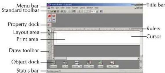 Menu bar Standard toolbar Property dock Layout area Print area Draw toolbar Object dock Status bar Title bar Rulers Cursor