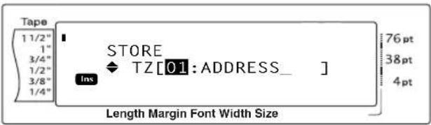 Tape 1 1/2" 1" 3/4" 1/2" 3/8" 1/4" STORE TZ[01:ADDRESS_ ] Ins 76 pt 38 pt 4 pt Length Margin Font Width Size