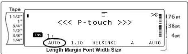 Tape 1 1/2" 1" 3/4" 1/2" 3/8" 1/4" <<< P-touch >>>> Ins 1: AUTO 1.10 HELSINK1 A AUTO 76 pt 38 pt 4 pt Length Margin Font Width Size