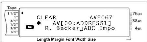 Tape 1 1/2" 1" 3/4" 1/2" 3/8" 1/4" CLEAR AV2067 AV[00:ADDRESS1] R. Becker ABC Impo Ins 76 pt 38 pt 4 pt Length Margin Font Width Size