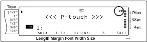 Tape 1 1/2" 1" 3/4" 1/2" 3/8" 1/4" <<< P-touch >>>> Ins 1:_ AUTO 1.10 HELSINKI A AUTO 76pt 38pt 4pt Length Margin Font Width Size