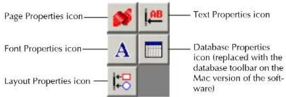 Page Properties icon Font Properties icon Layout Properties icon Text Properties icon A Database Properties icon (replaced with the database toolbar on the Mac version of the software)