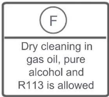 F Dry cleaning in gas oil, pure alcohol and R113 is allowed