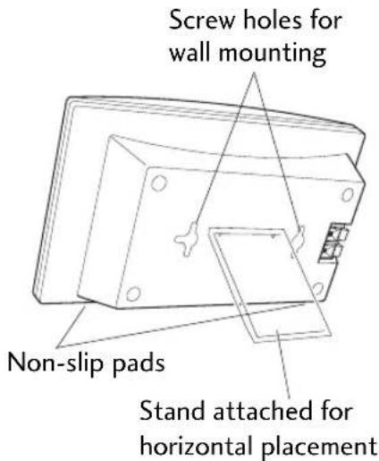 Screw holes for wall mounting Non-slip pads Stand attached for horizontal placement