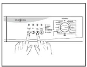 Diagram showing hands interacting with a screen displaying a control panel with four labeled buttons and a dial.