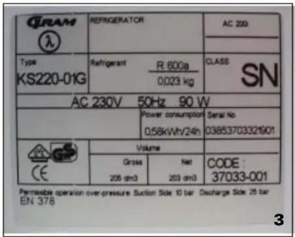 QRAM λ REFRIGERATOR AC 200 Type KS220-01G Refrigerant R 600a 0.023 kg CLASS SN AC 230V 50Hz 90 W Power consumption 0.58kWh/24h Serial No. 03853703321901 Volume Gross 205 cm3 Net 203 cm3 CODE: 37033-001 Permissible operation over-pressure Suction Side 10 bar Discharge Side 25 bar EN 378 3
